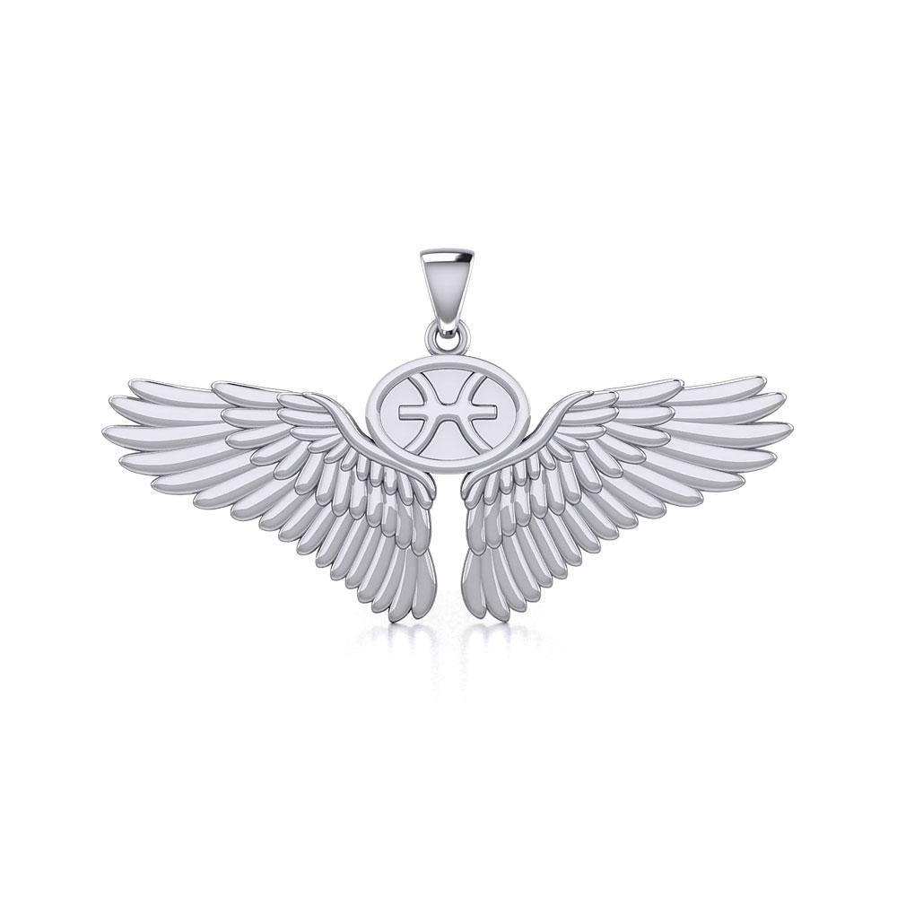 Guardian Angel Wings Silver Pendant with Pisces Zodiac Sign TPD5514 - Jewelry
