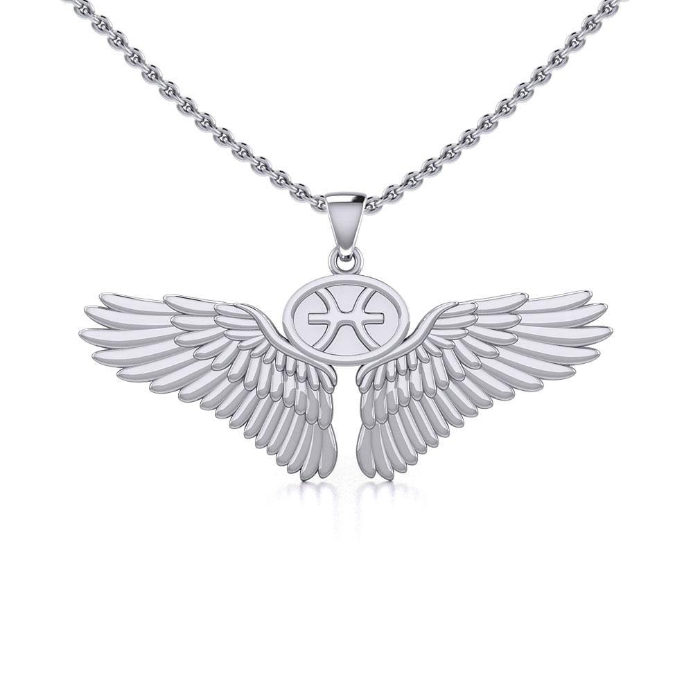 Guardian Angel Wings Silver Pendant with Pisces Zodiac Sign TPD5514 - Jewelry