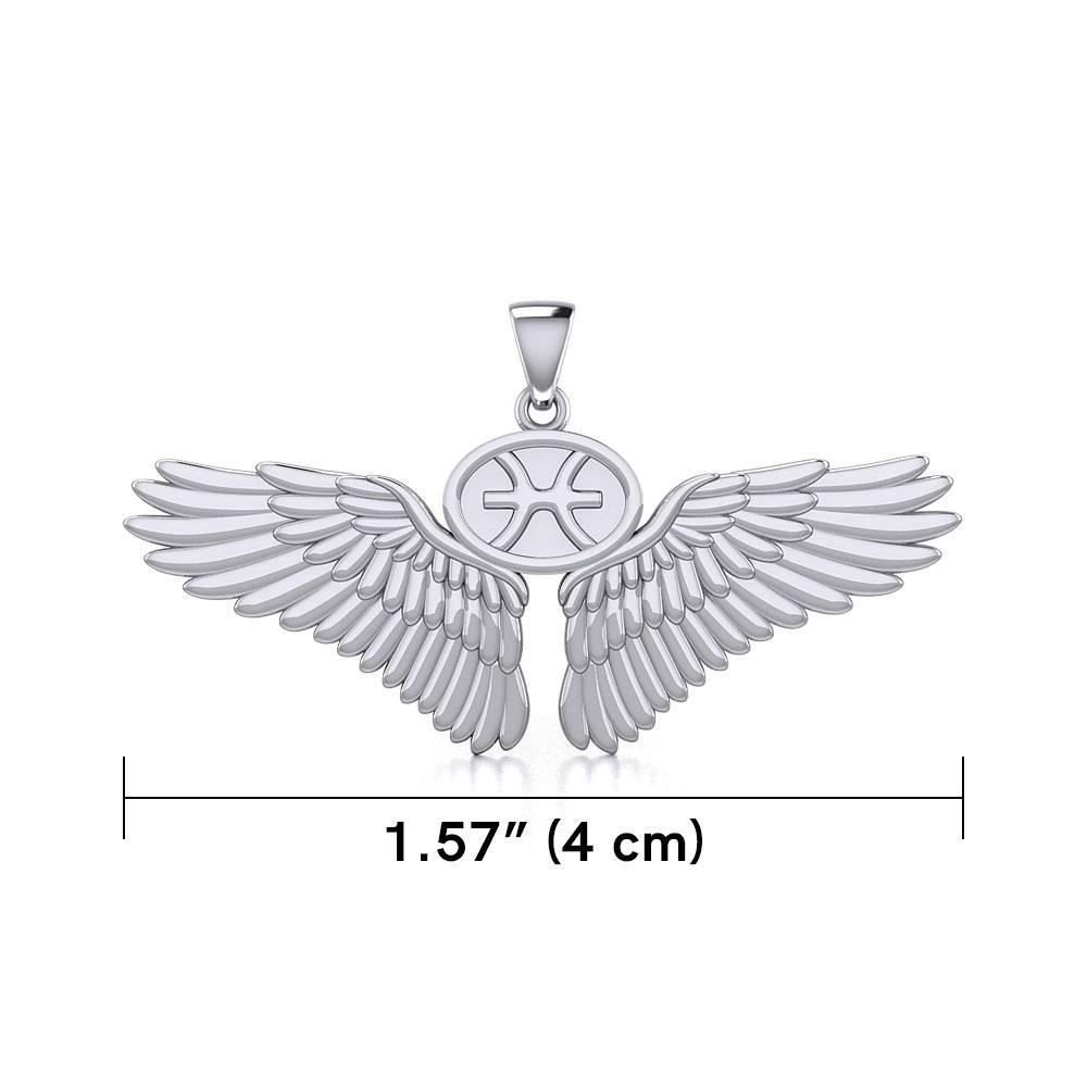 Guardian Angel Wings Silver Pendant with Pisces Zodiac Sign TPD5514 - Jewelry