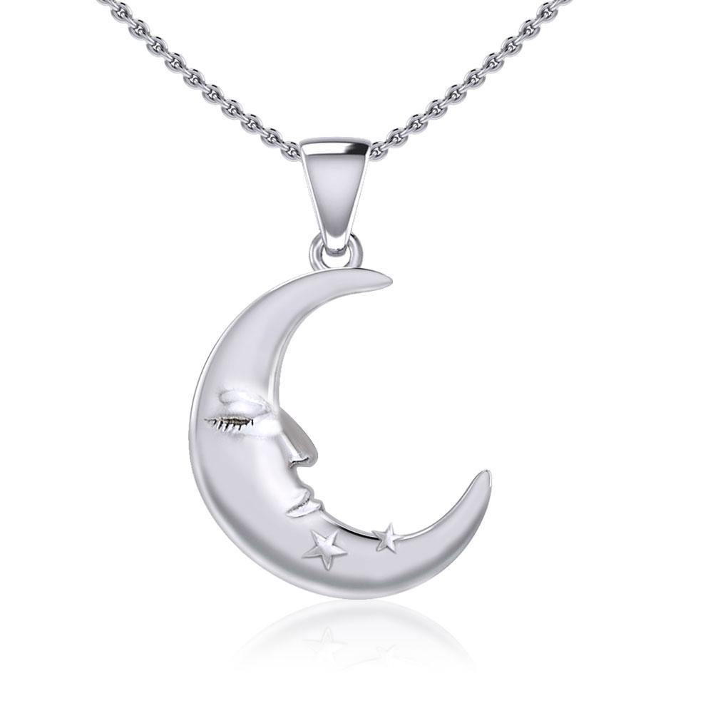 Crescent Moon Face with Stars Silver Pendant TPD5642 - Jewelry