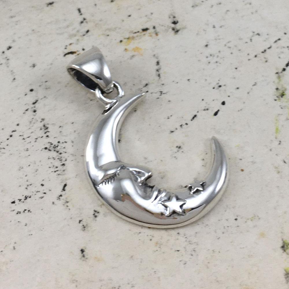 Crescent Moon Face with Stars Silver Pendant TPD5642 - Jewelry