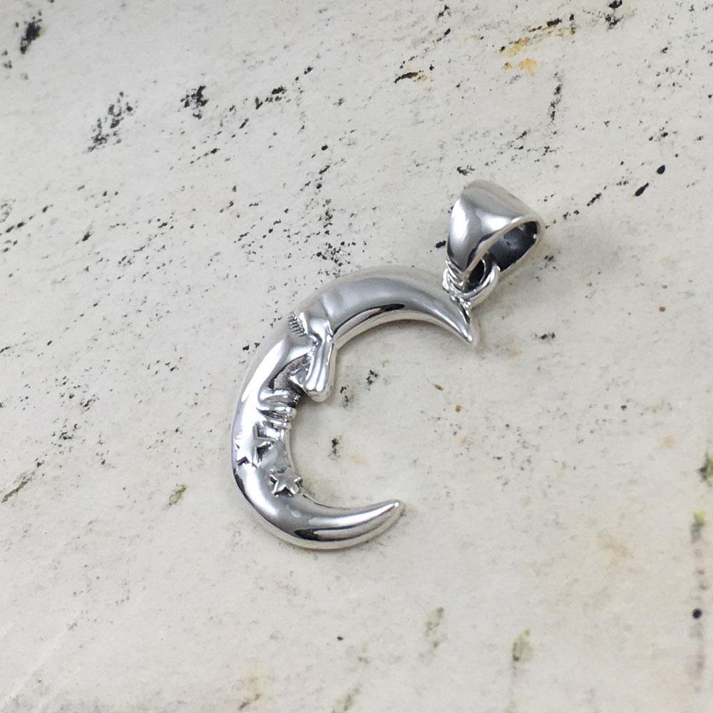 Crescent Moon Face with Stars Silver Pendant TPD5642 - Jewelry