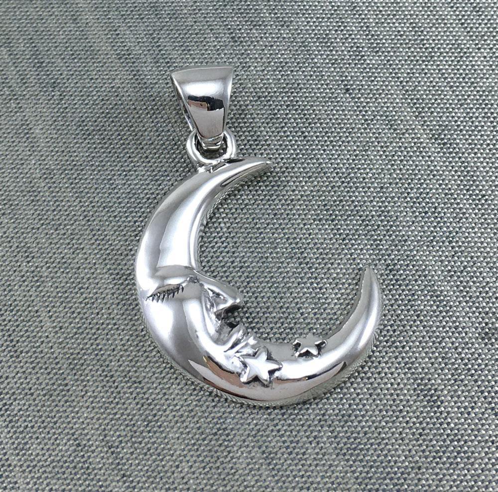 Crescent Moon Face with Stars Silver Pendant TPD5642 - Jewelry