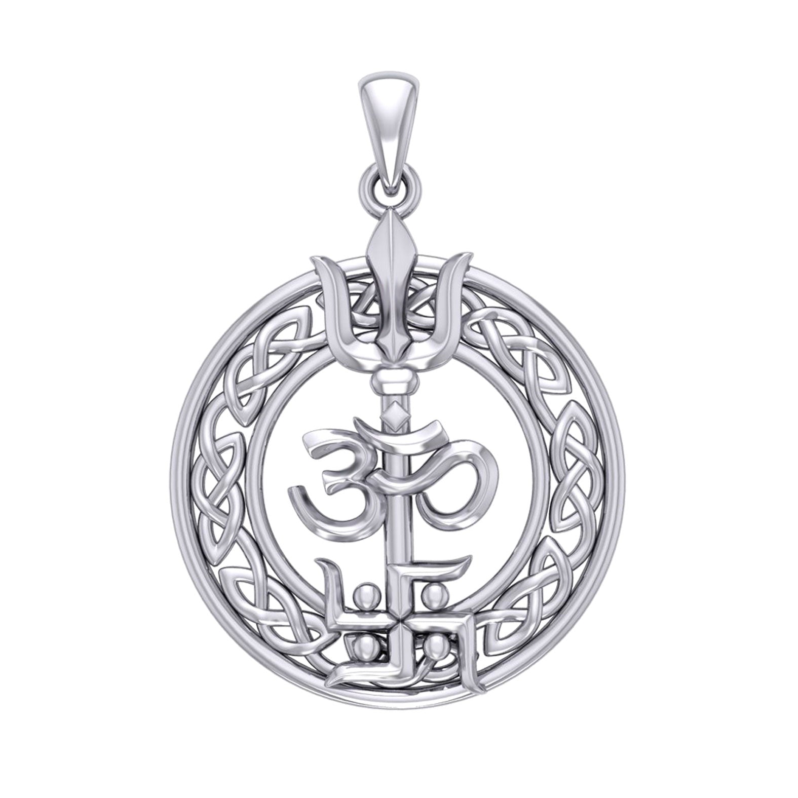 The Trishul Om Swastik Symbols Silver Pendant with Celtic Border TPD7001