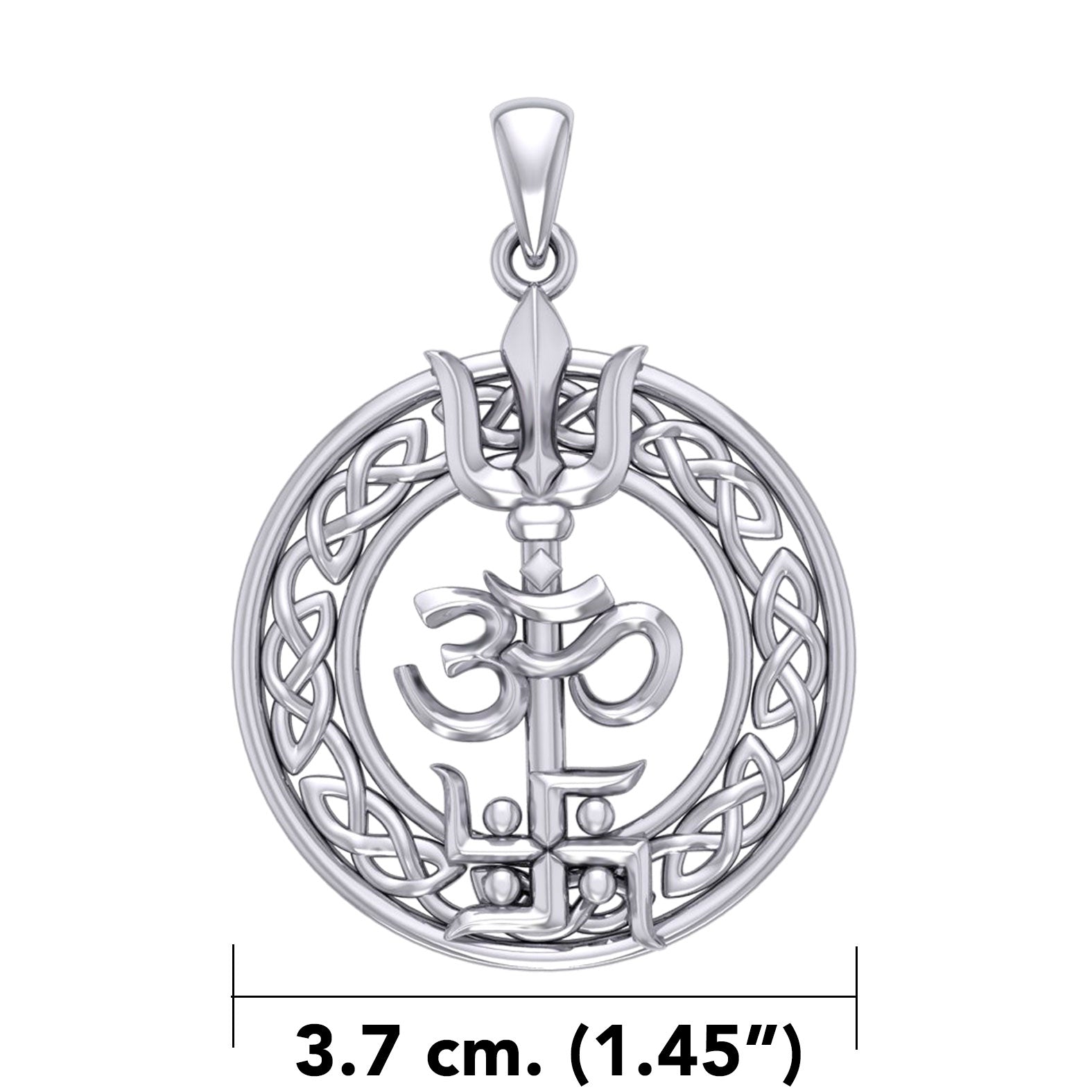 The Trishul Om Swastik Symbols Silver Pendant with Celtic Border TPD7001