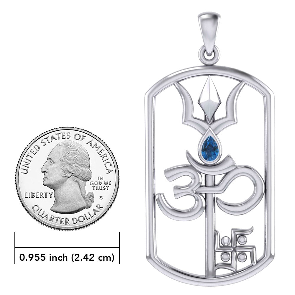 The Trishul Om Swastik Symbols Silver Pendant with Gemstone TPD7002