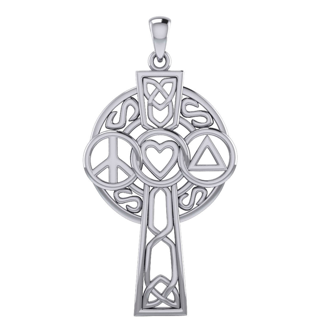 Large Celtic Cross with Heart Peace and Recovery Symbols Silver Pendant TPD7024