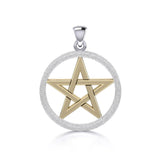 Pentacle Silver and 14K Gold Accent Pendant with Sand brush TPV089/S