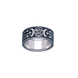 Pentacle And Crescent Moon with Three Arrows Sterling Silver Ring TR1688