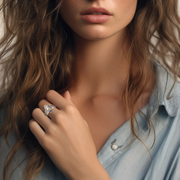 Celtic Mermaid Silver Ring With Gemstone TRI045