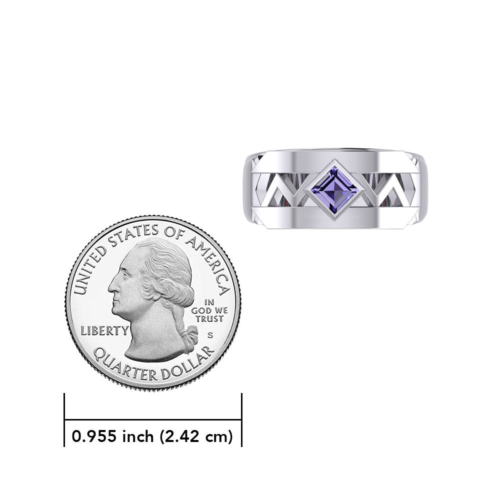 The Modern Zigzag Silver Band Ring with Square Gemstone NA Symbol TRI2438