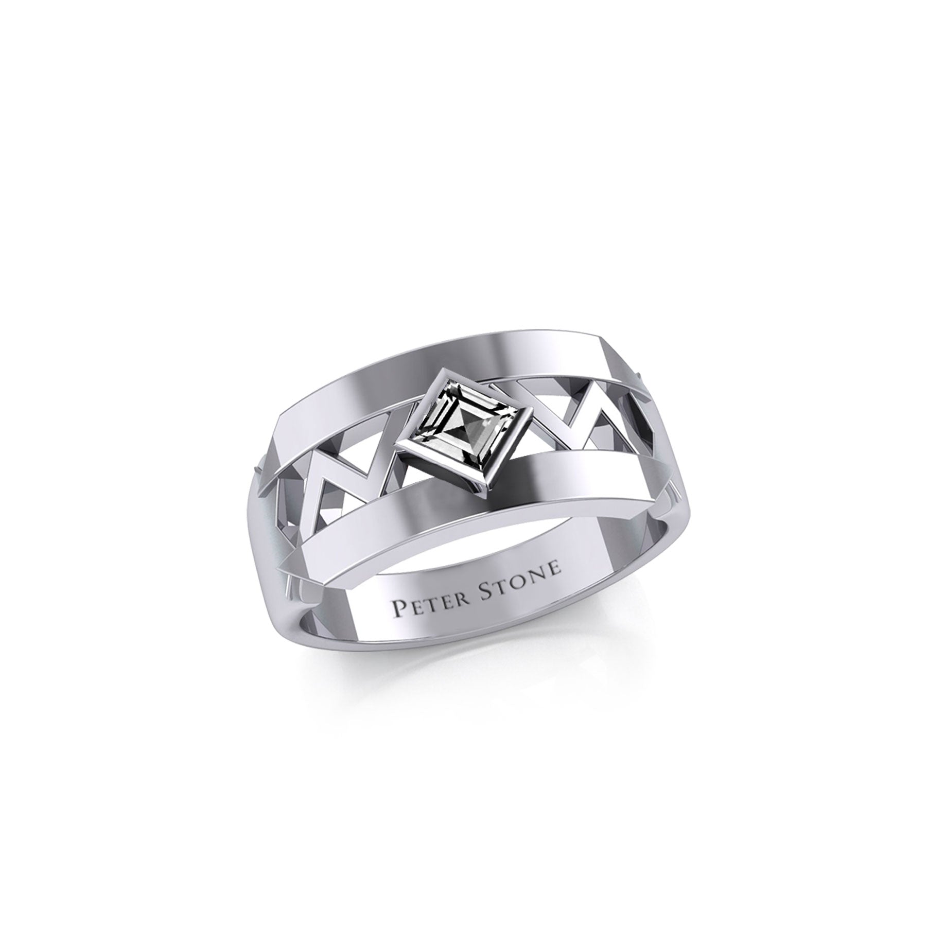 The Modern Zigzag Silver Band Ring with Square Gemstone NA Symbol TRI2438