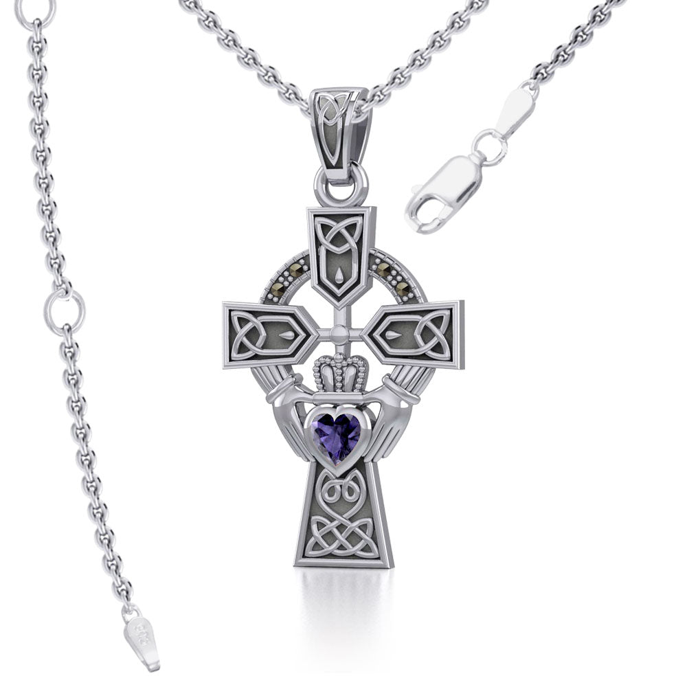 Celtic Cross and Irish Claddagh Sterling Silver Pendant with Heart Gemstone TPD5340