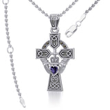 Celtic Cross and Irish Claddagh Sterling Silver Pendant with Heart Gemstone TPD5340