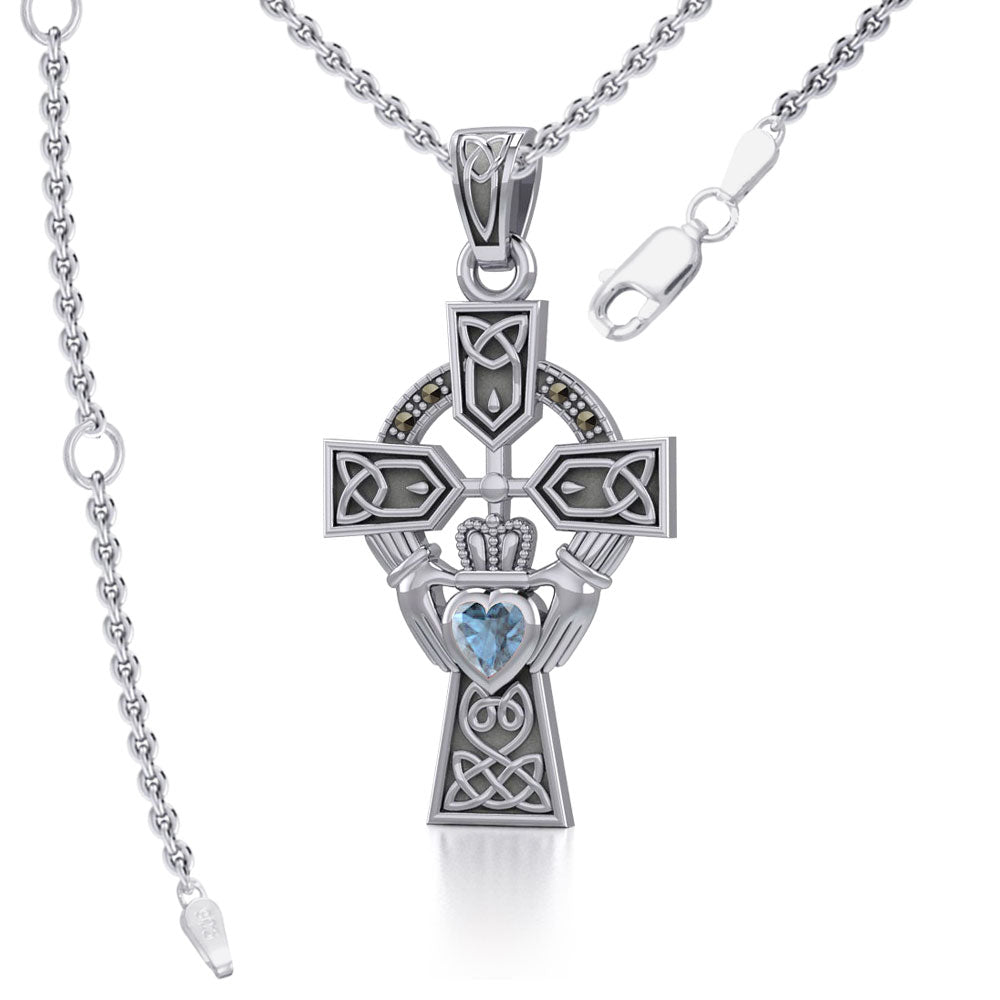 Celtic Cross and Irish Claddagh Sterling Silver Pendant with Heart Gemstone TPD5340