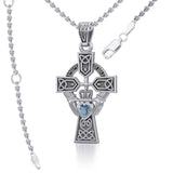 Celtic Cross and Irish Claddagh Sterling Silver Pendant with Heart Gemstone TPD5340