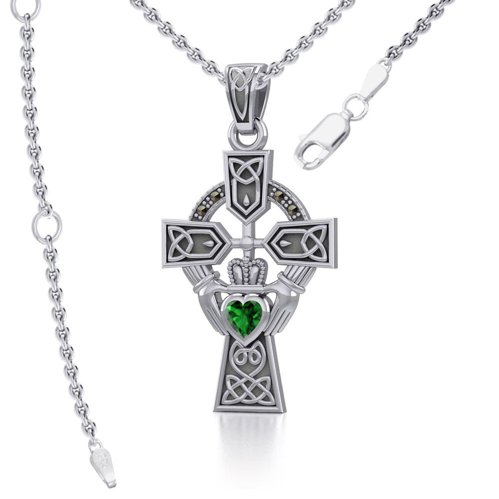 Celtic Cross and Irish Claddagh Sterling Silver Pendant with Heart Gemstone TPD5340