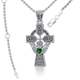 Celtic Cross and Irish Claddagh Sterling Silver Pendant with Heart Gemstone TPD5340