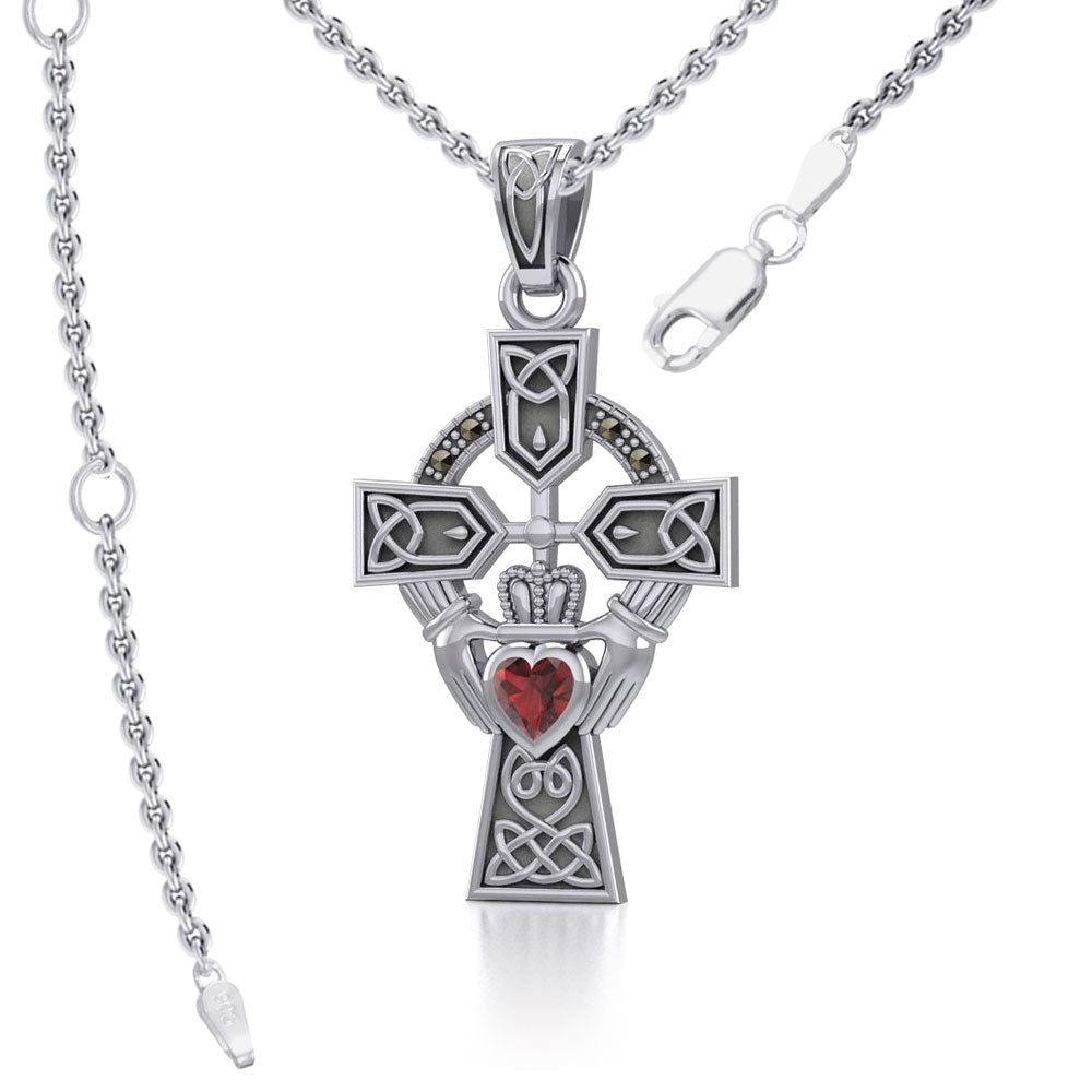 Celtic Cross and Irish Claddagh Sterling Silver Pendant with Heart Gemstone TPD5340