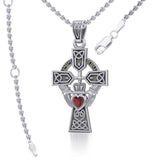 Celtic Cross and Irish Claddagh Sterling Silver Pendant with Heart Gemstone TPD5340