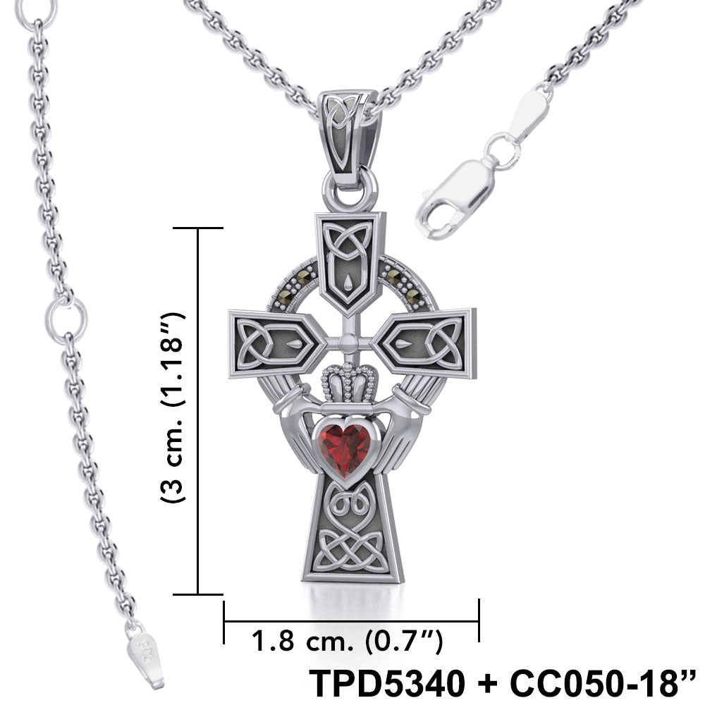 Celtic Cross and Irish Claddagh Sterling Silver Pendant with Heart Gemstone TPD5340