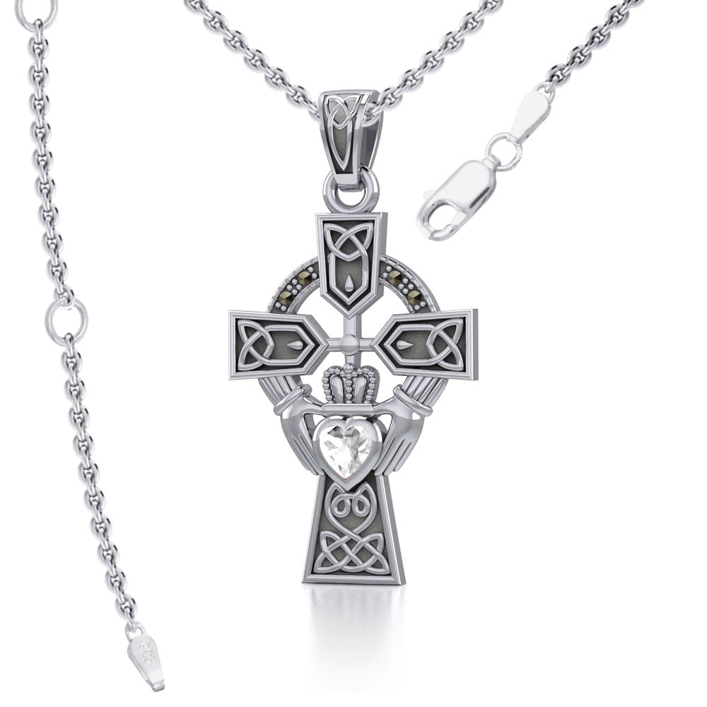 Celtic Cross and Irish Claddagh Sterling Silver Pendant with Heart Gemstone TPD5340