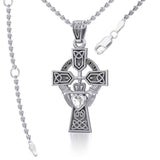 Celtic Cross and Irish Claddagh Sterling Silver Pendant with Heart Gemstone TPD5340