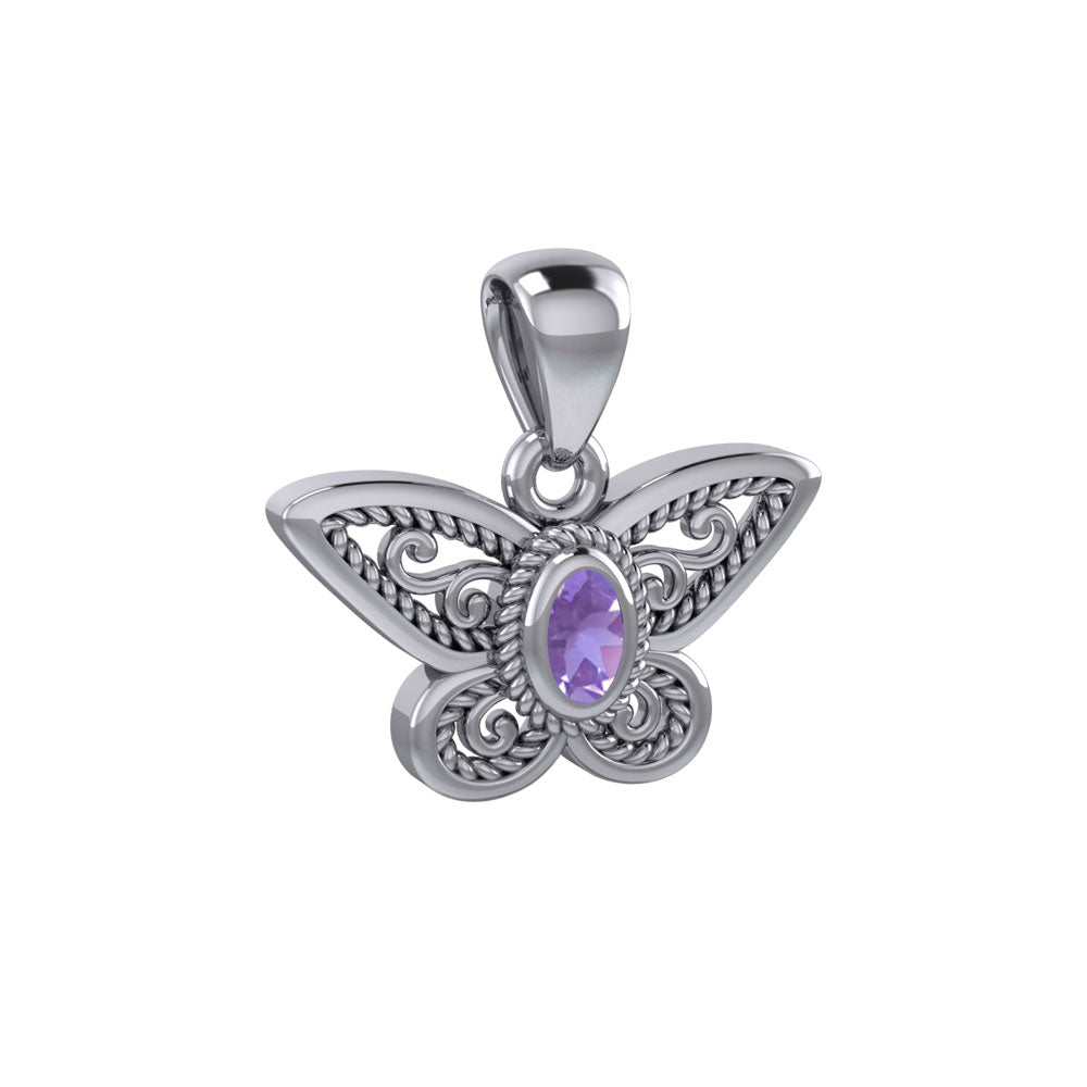 Life's colorful transformation ~ 14K White Gold Butterfly Pendant with Gemstone WPD3685