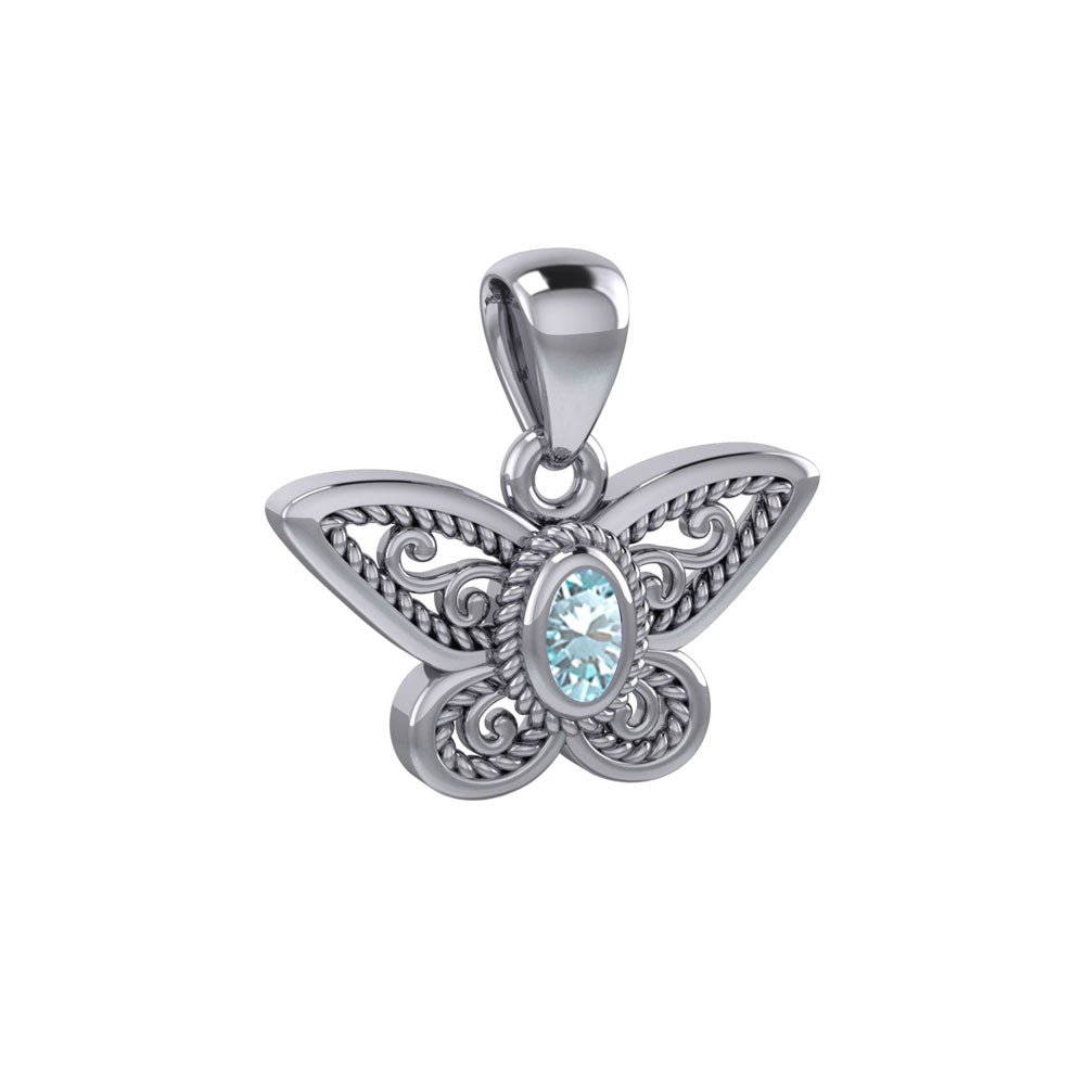 Life's colorful transformation ~ 14K White Gold Butterfly Pendant with Gemstone WPD3685