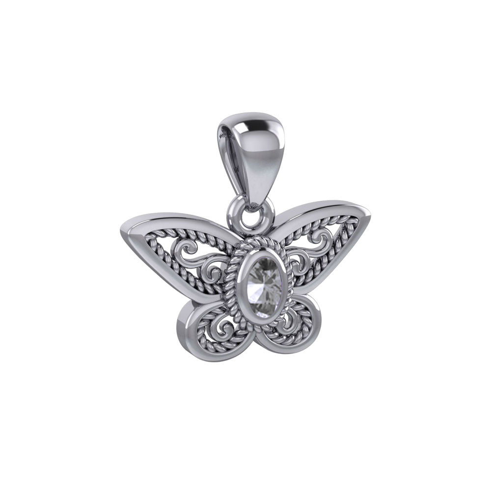 Life's colorful transformation ~ 14K White Gold Butterfly Pendant with Gemstone WPD3685