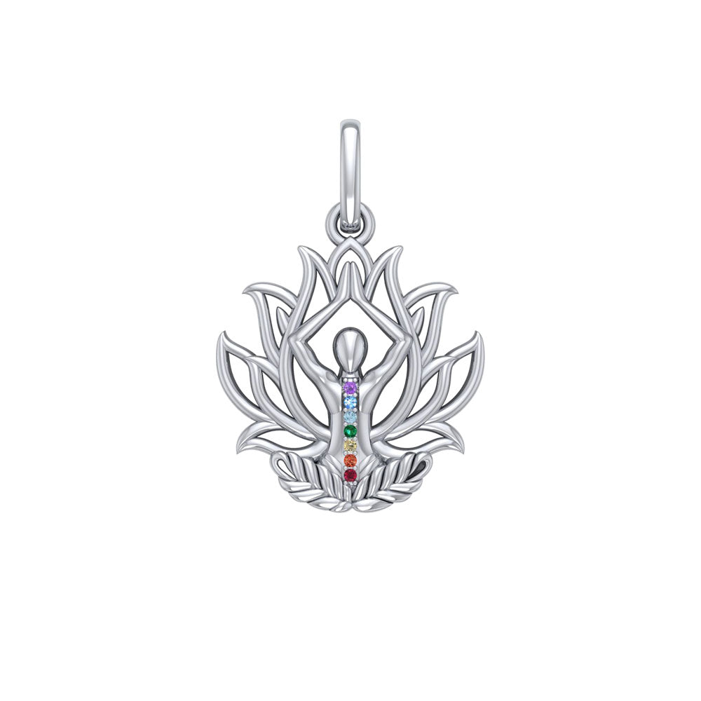 Yoga Lotus Position 14K White Gold Pendant with Chakra Gemstone WPD5023