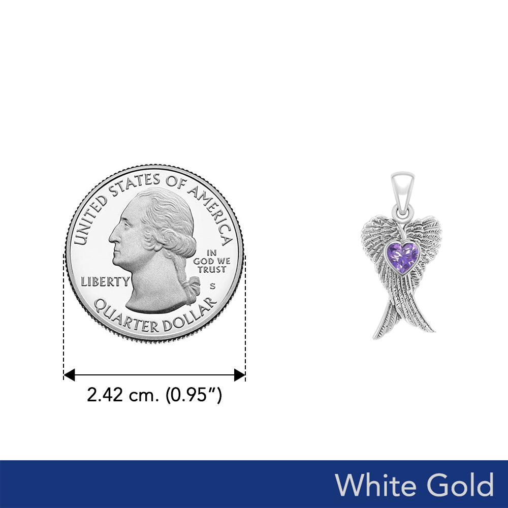 Heart Gemstone and Double Angel Wings White Gold Pendant WPD5229
