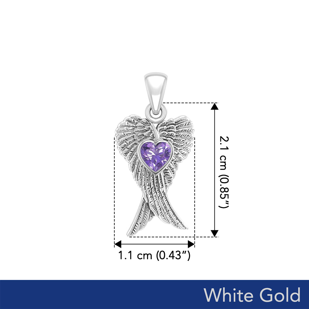 Heart Gemstone and Double Angel Wings White Gold Pendant WPD5229