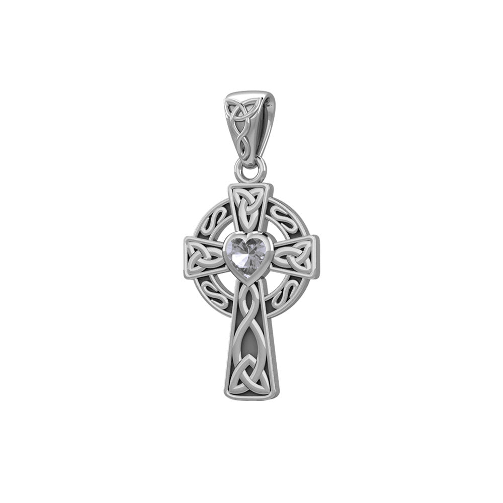 Celtic Cross 14K White Gold Pendant with Heart Gemstone WPD5337