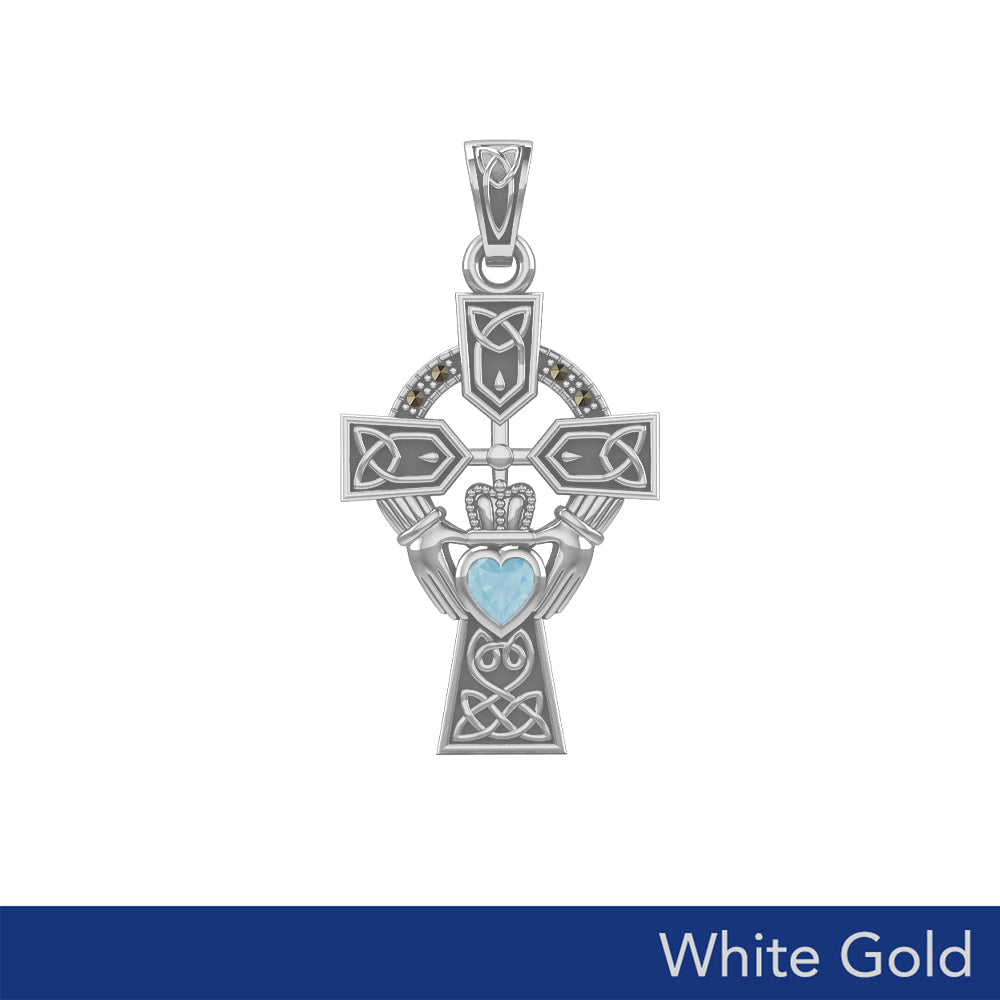 Celtic Cross and Irish Claddagh White Gold Pendant with Heart Gemstone WPD5340