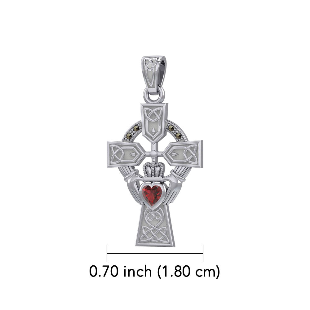Celtic Cross and Irish Claddagh 14K White Gold Pendant with Heart Gemstone WPD5340