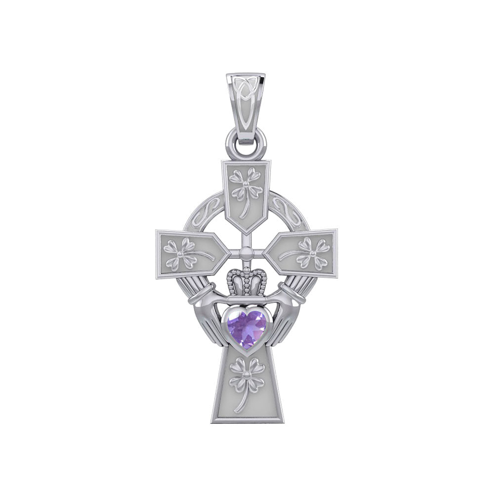 Claddagh Celtic Cross with Lucky Four Leaf Clover 14K White Gold Pendant WPD5359