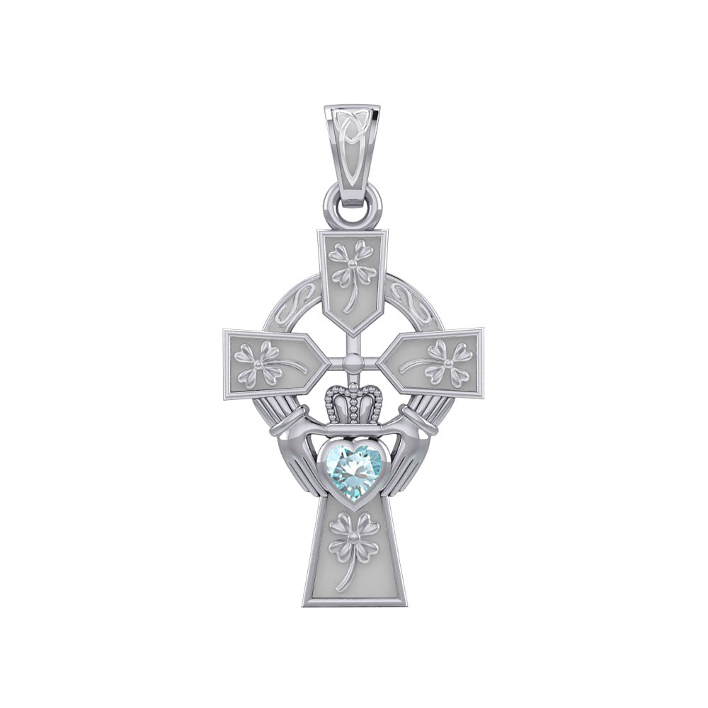 Claddagh Celtic Cross with Lucky Four Leaf Clover 14K White Gold Pendant WPD5359