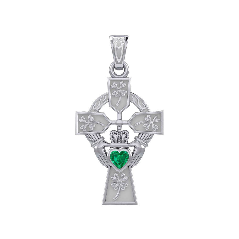 Claddagh Celtic Cross with Lucky Four Leaf Clover 14K White Gold Pendant WPD5359