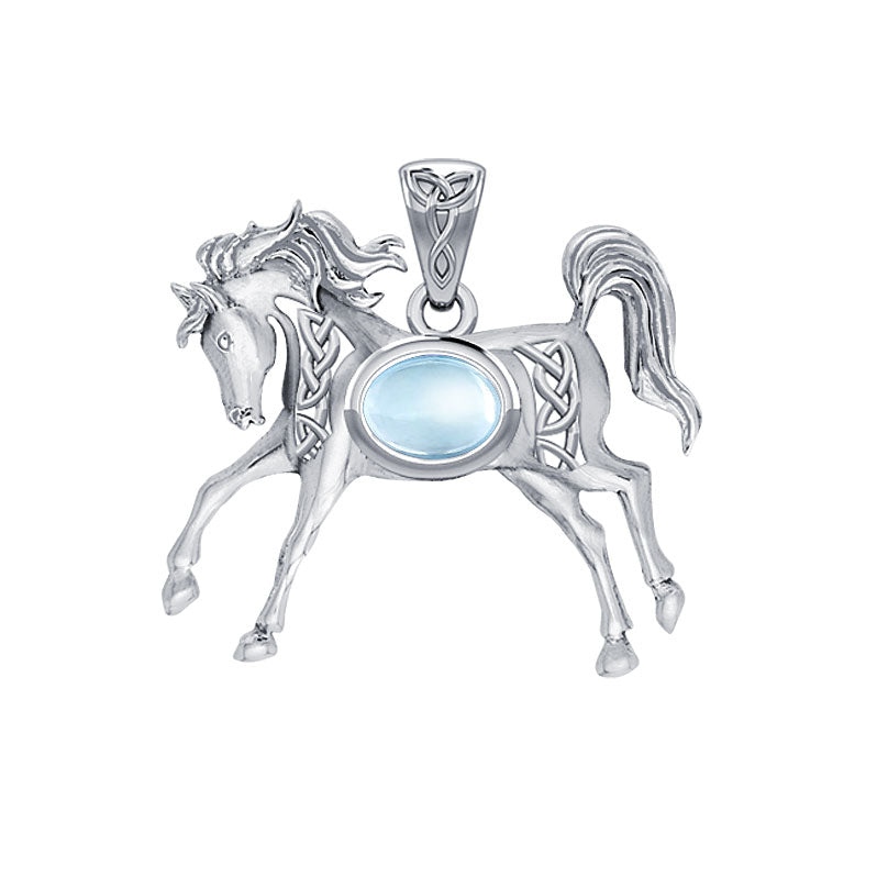 Celtic Running Horse 14K White Gold Pendant with Gem WPD5730