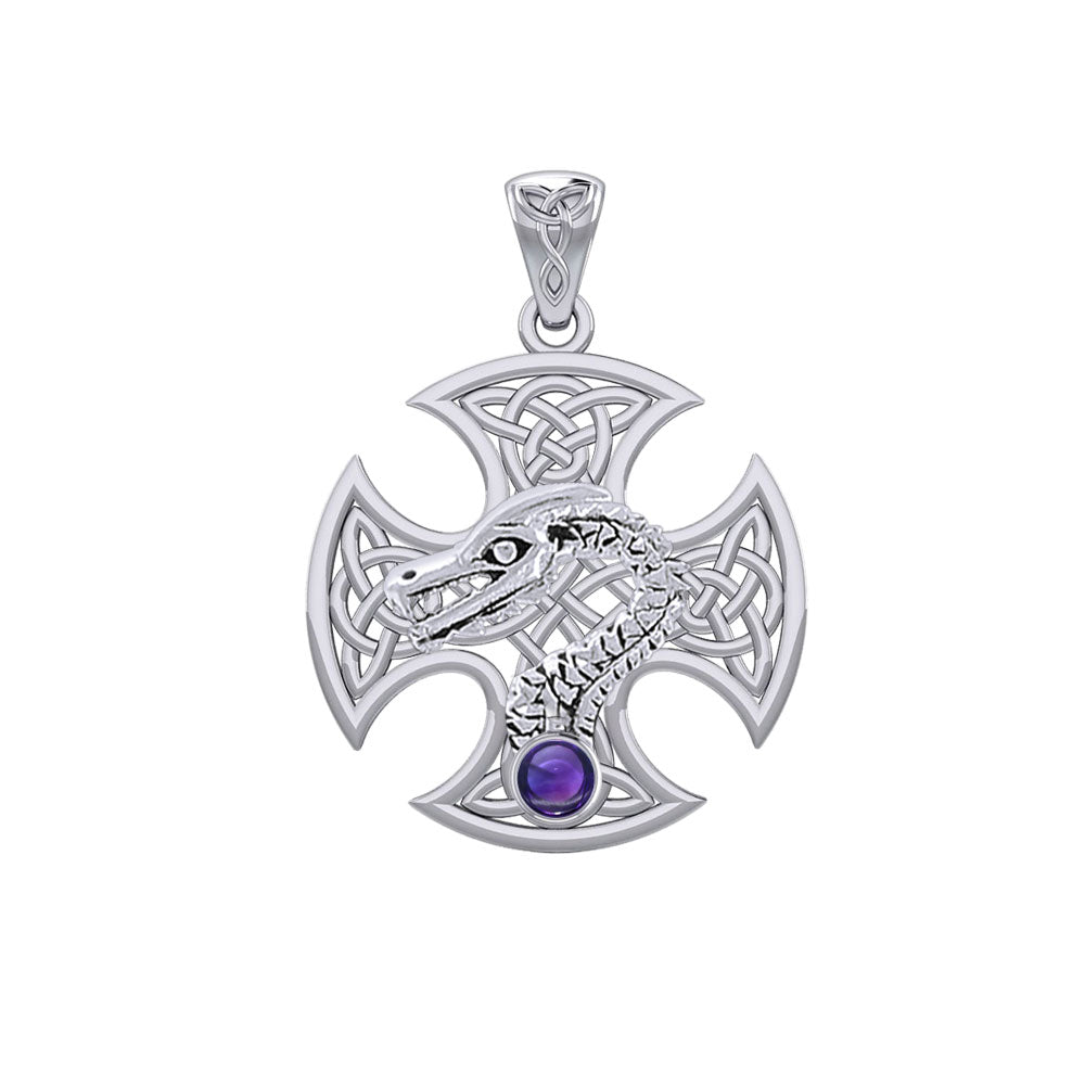 Dragon with Celtic Cross 14K White Gold Pendant WPD5818