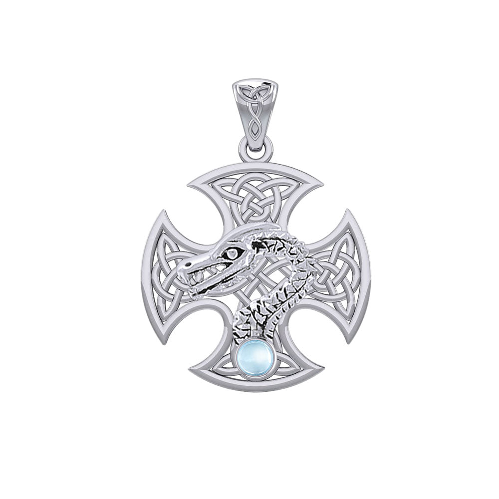 Dragon with Celtic Cross 14K White Gold Pendant WPD5818