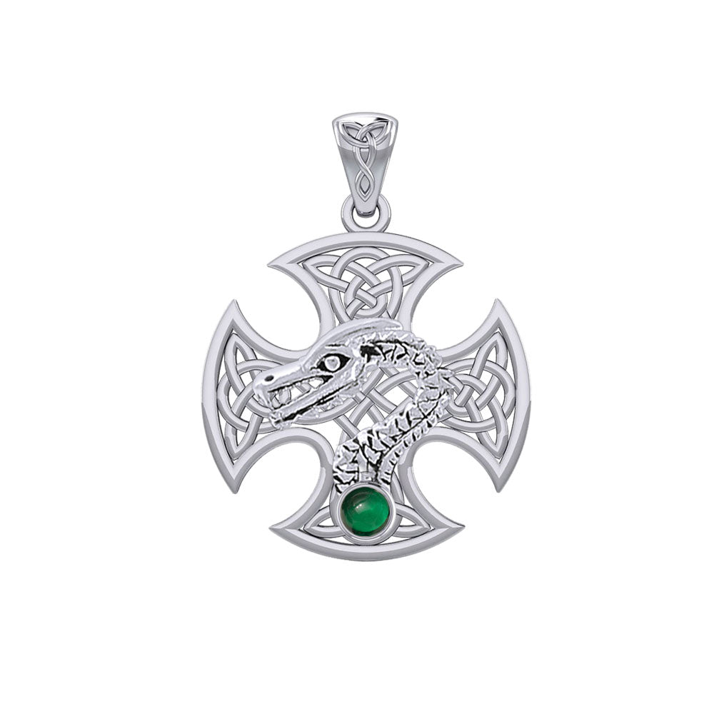 Dragon with Celtic Cross 14K White Gold Pendant WPD5818