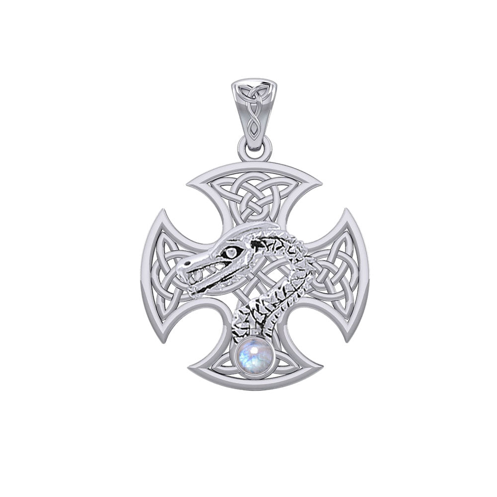 Dragon with Celtic Cross 14K White Gold Pendant WPD5818