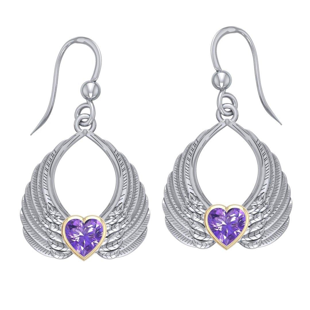 Gemstone Heart Angel Wings Silver and Gold Earrings MER1723 - Jewelry