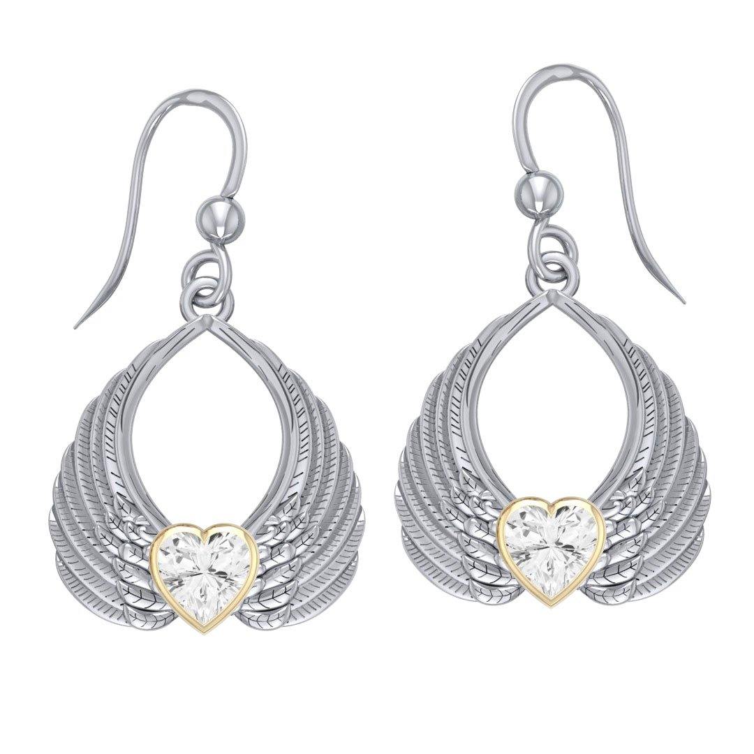 Gemstone Heart Angel Wings Silver and Gold Earrings MER1723 - Jewelry