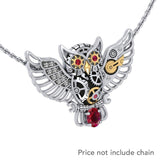 Steampunk Owl Silver and 14K Gold Accent Pendant with Gemstone MPD5070