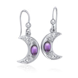 Celtic Knotwork Crescent Moon Sterling Silver Hook Earrings with Gemstone TER147