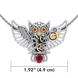 Steampunk Owl Silver and 14K Gold Accent Pendant with Gemstone MPD5070
