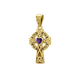 Celtic Cross 14K Yellow Gold Pendant with Heart Gemstone GPD5337